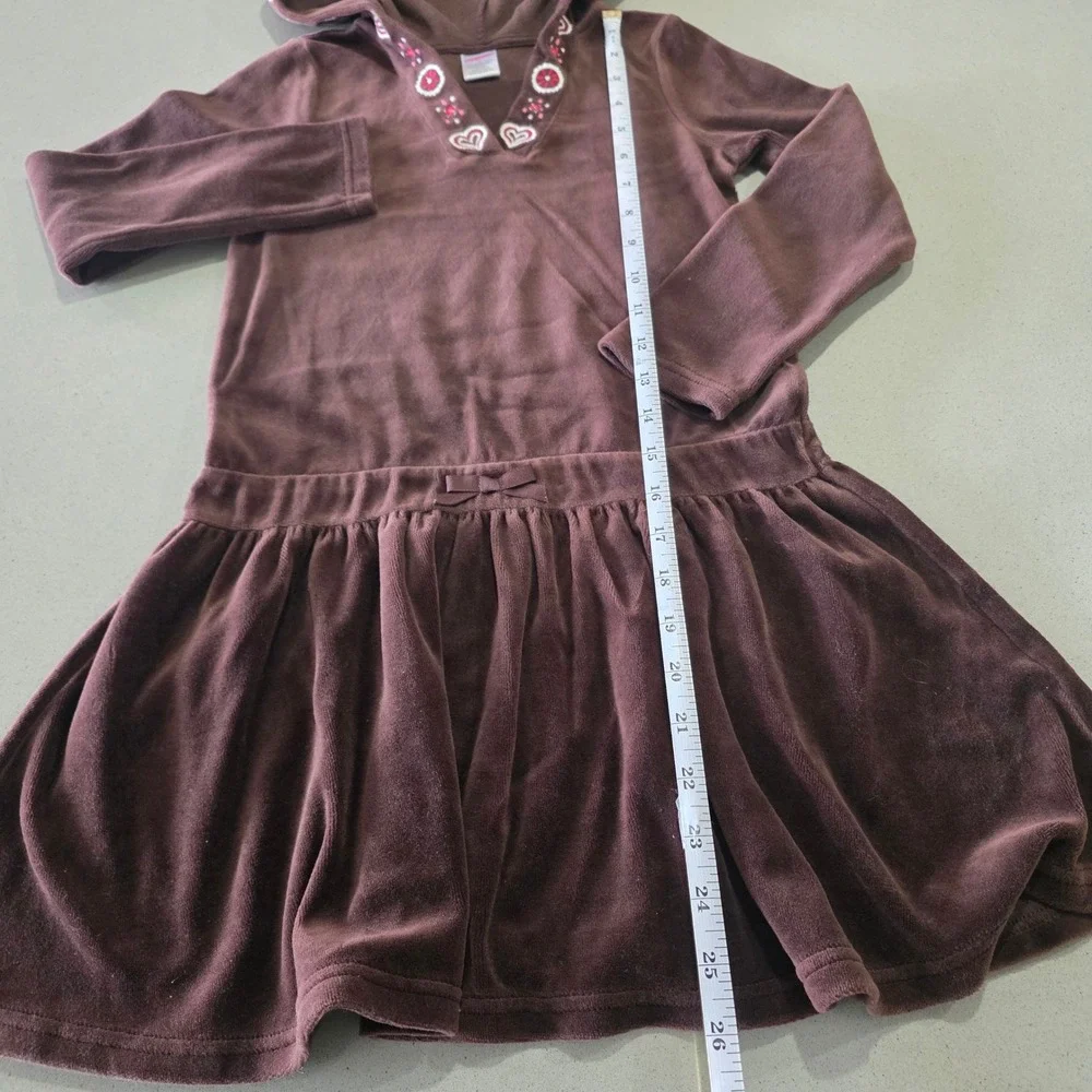Gymboree‎ Girls Brown Velour Hooded Dress Hearts Embroidery Size 8 0905
